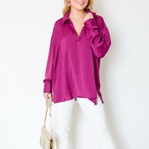 Glam Long Sleeve Satin Top Collared Magenta Pink Size Small Classic Feminine
